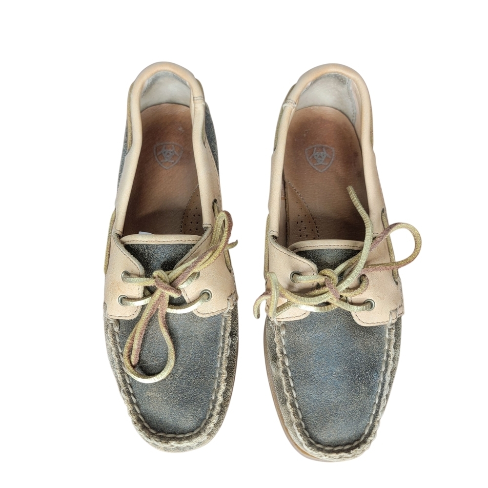 Ariat Distressed Brown and Tan Two Tone Slip On Leather Suede Boat Shoes - Picture 7 of 9